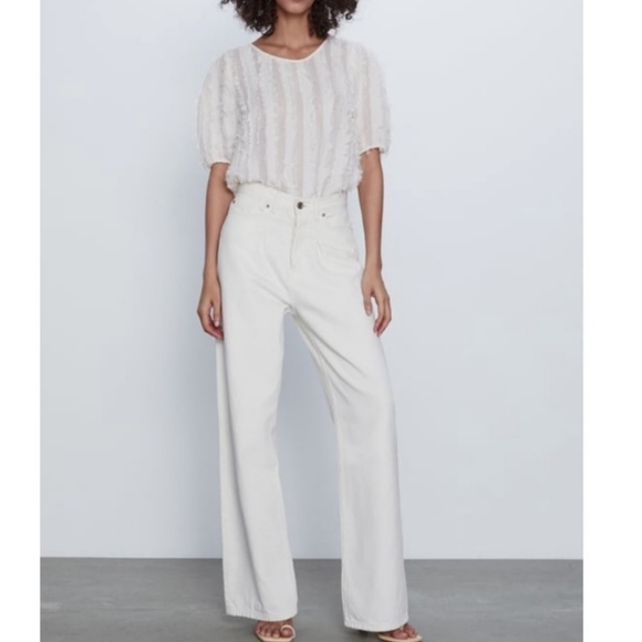 Zara White Fringed Short Sleeve Blouse - Picture 2 of 4